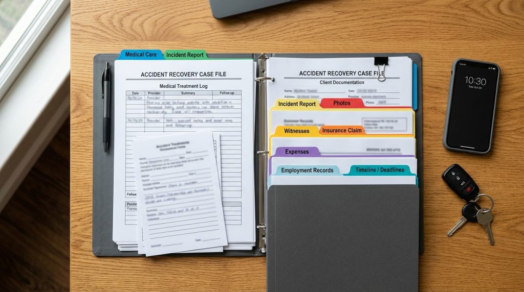 Fort Worth accident recovery folder with medical insurance and deadline tabs