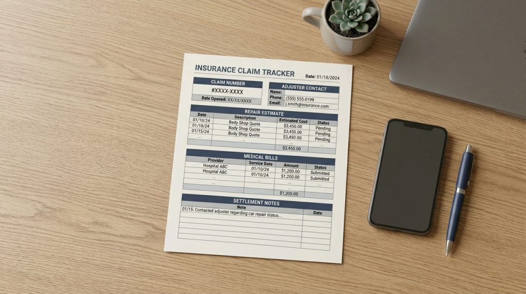 Organized insurance claim tracker with adjuster and repair estimate notes