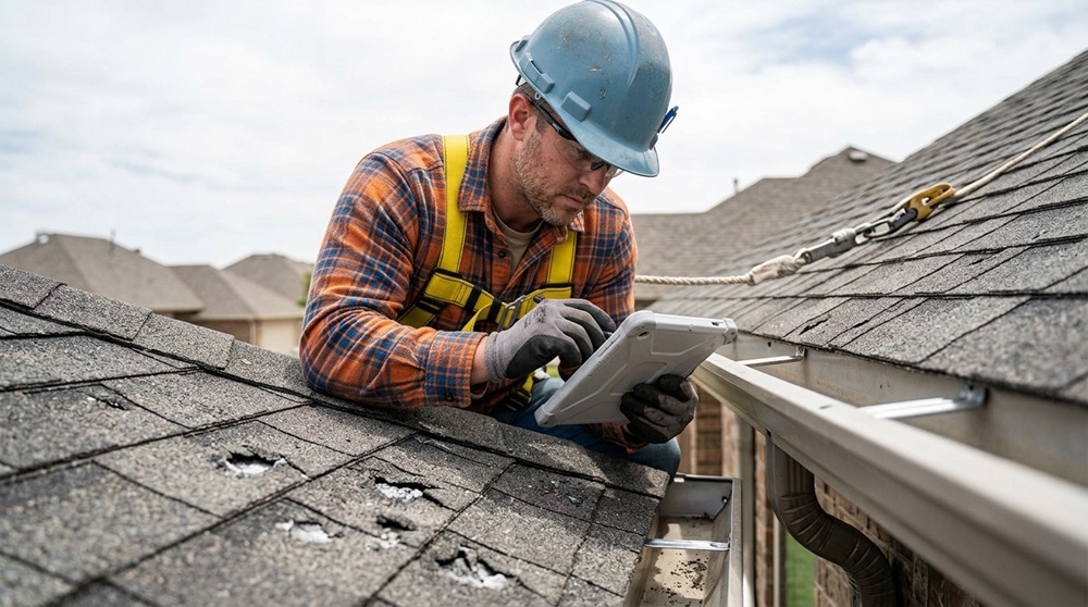 Roofing contractor documenting storm damage on a Slaton TX roof