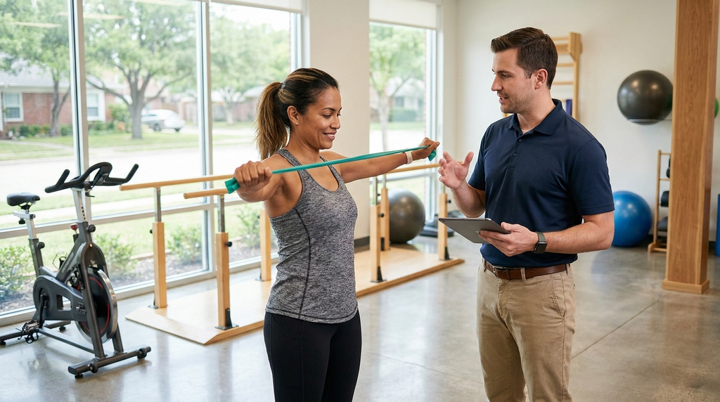 Patient completing guided rehabilitation exercises after an auto accident injury