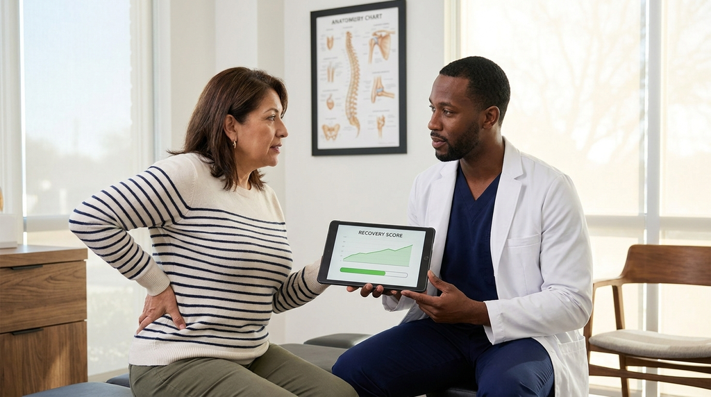 Healthcare provider reviewing accident-related symptoms with a patient during an injury evaluation