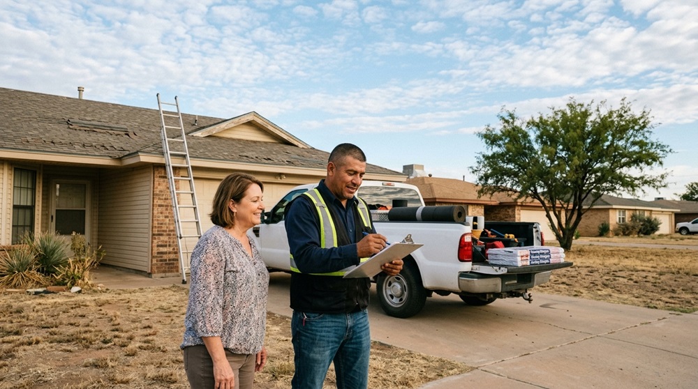 Roofing contractor meeting with a Slaton TX property owner