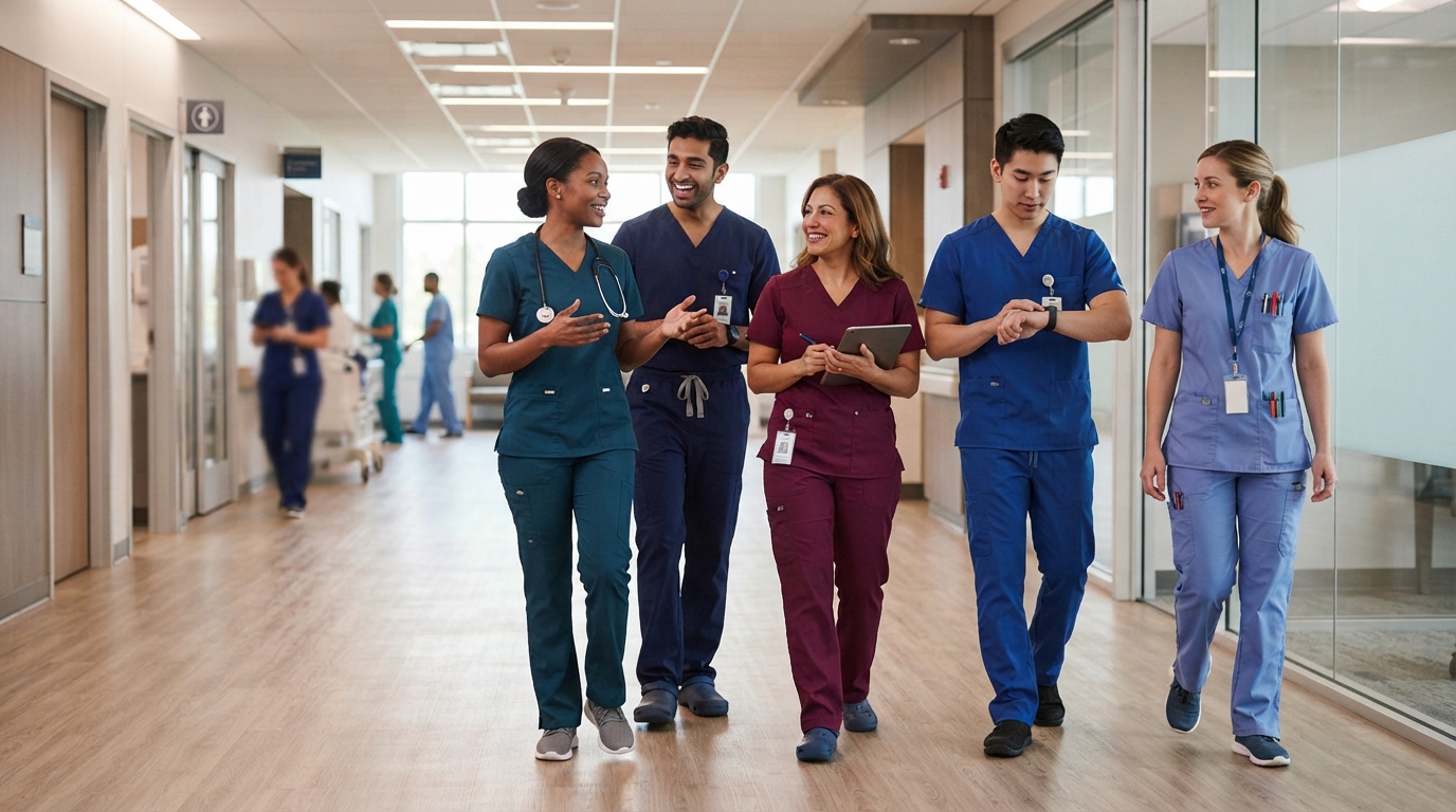 Healthcare professionals wearing comfortable medical scrubs during a long hospital shift