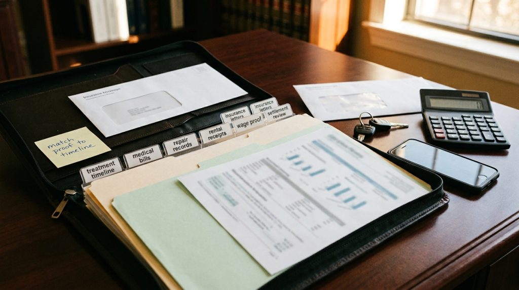 Atlanta medical and financial evidence console with treatment timeline medical bills repair records rental receipts wage proof out of pocket costs insurance letters and settlement review