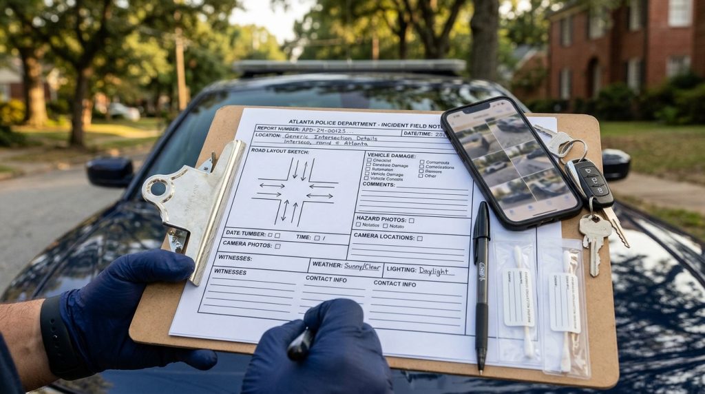 Atlanta scene evidence station with vehicle damage hazard photos road layout camera locations witnesses weather lighting and report number fields