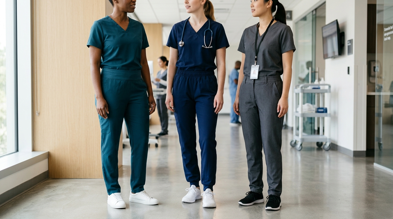 Healthcare professionals wearing yoga waist, elastic waist, and half-elastic scrub pants