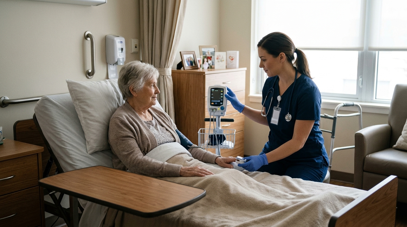 Nurse monitoring an older nursing home resident for possible infection and sepsis symptoms