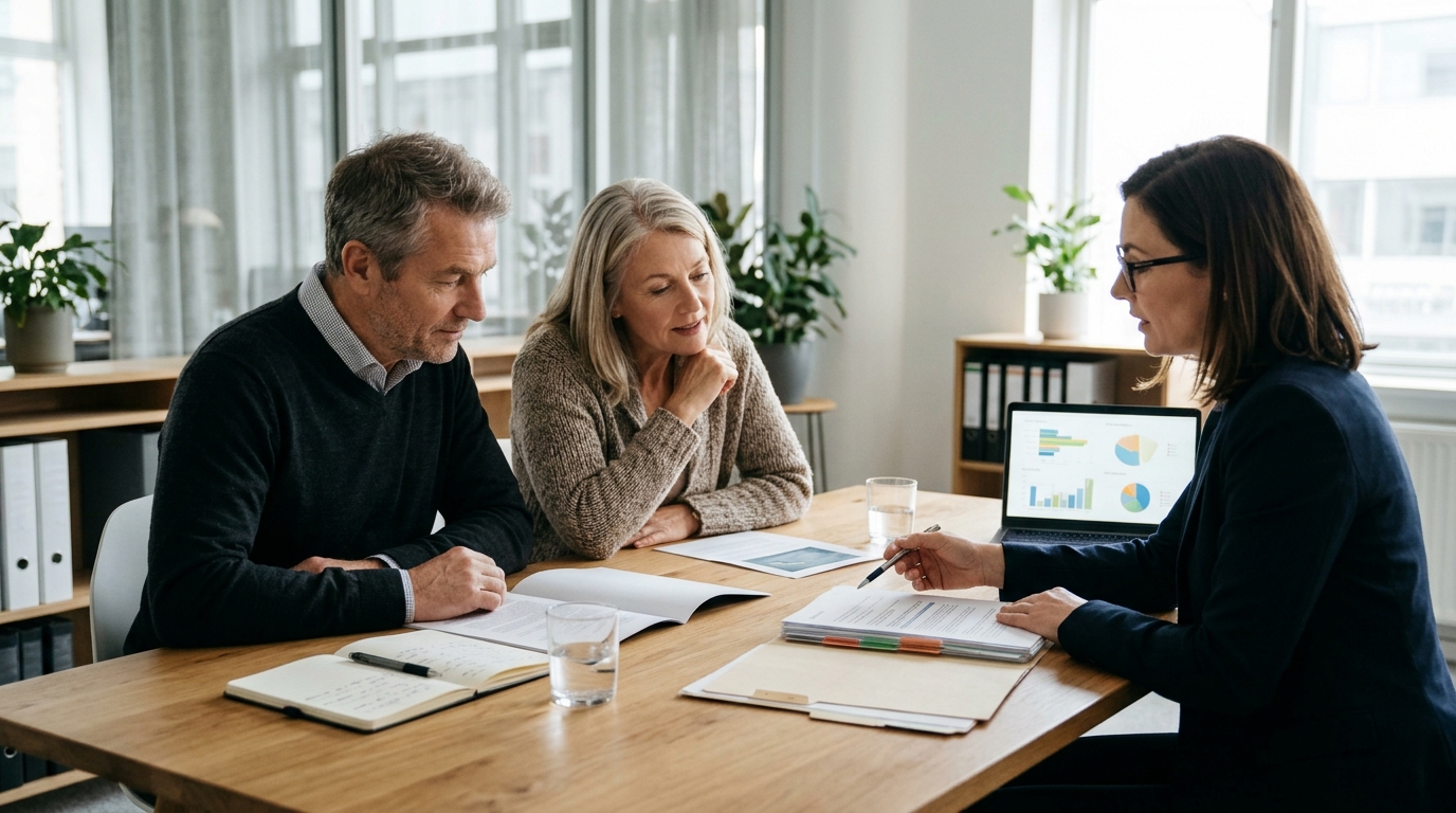 Financial advisor reviewing a transparent investment portfolio and asset allocation with an investor