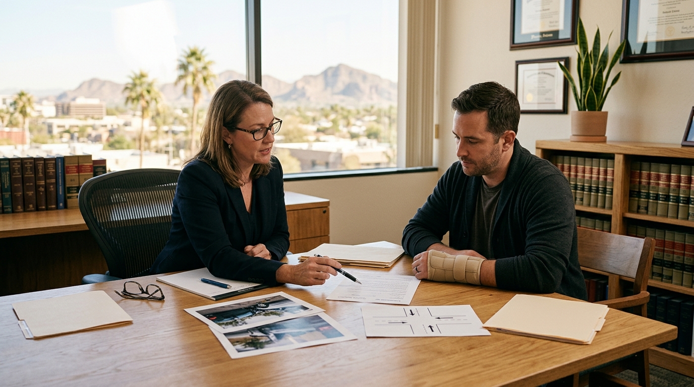 Phoenix personal injury attorney explaining Arizona comparative fault laws to an injured client while reviewing accident evidence and insurance documents