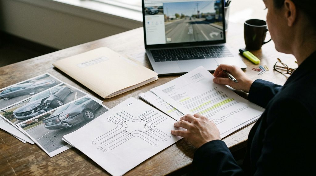 Phoenix personal injury claim review showing accident photographs, a roadway diagram, medical records, and insurance correspondence
