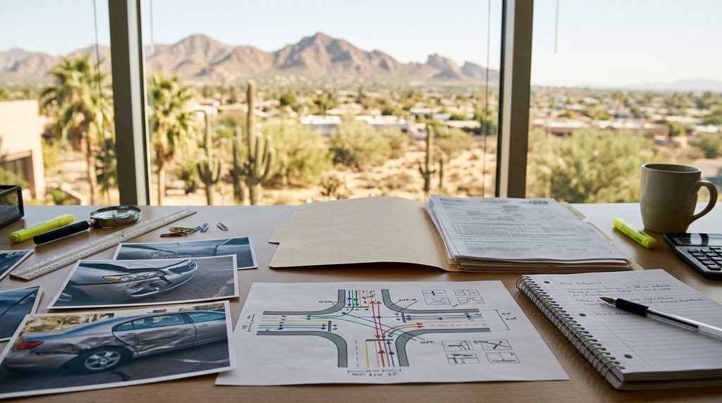 Phoenix vehicle accident evidence showing damaged cars, roadway photographs, and traffic conditions relevant to determining comparative fault