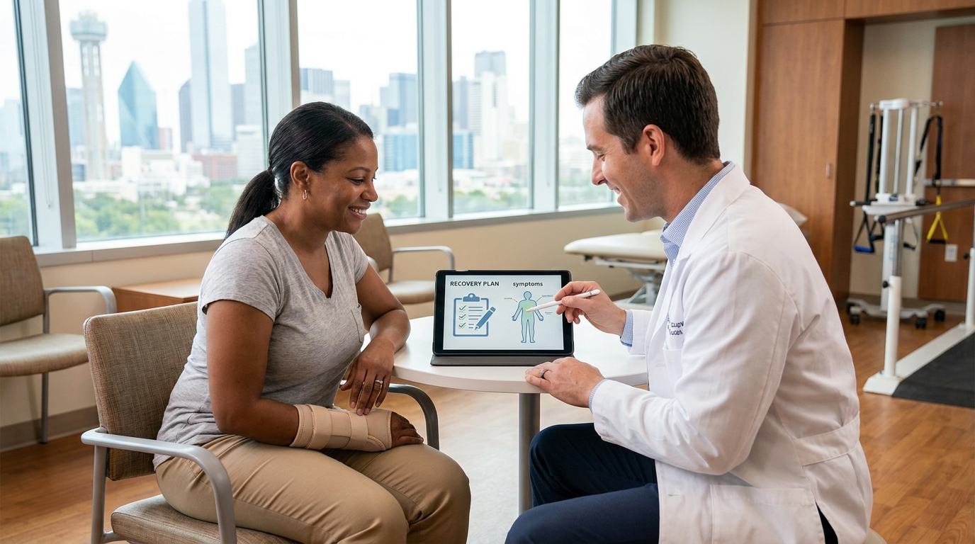 Patient consulting with a healthcare provider at an auto accident injury clinic near Dallas